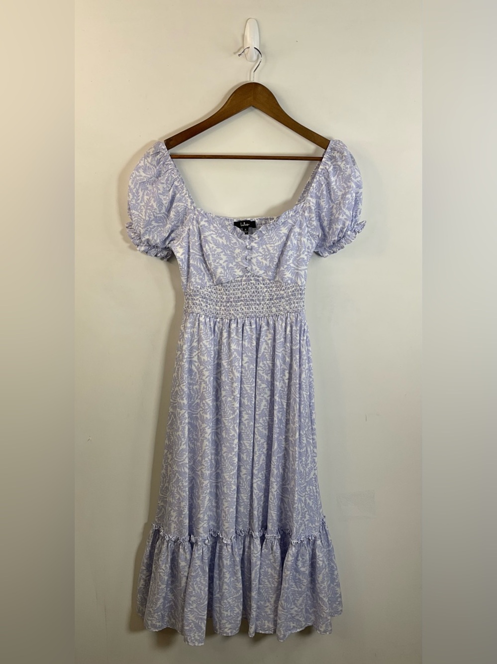 Lulus Dreamy Darling Blue and White Floral Puff Sleeve Midi Dress Size Small